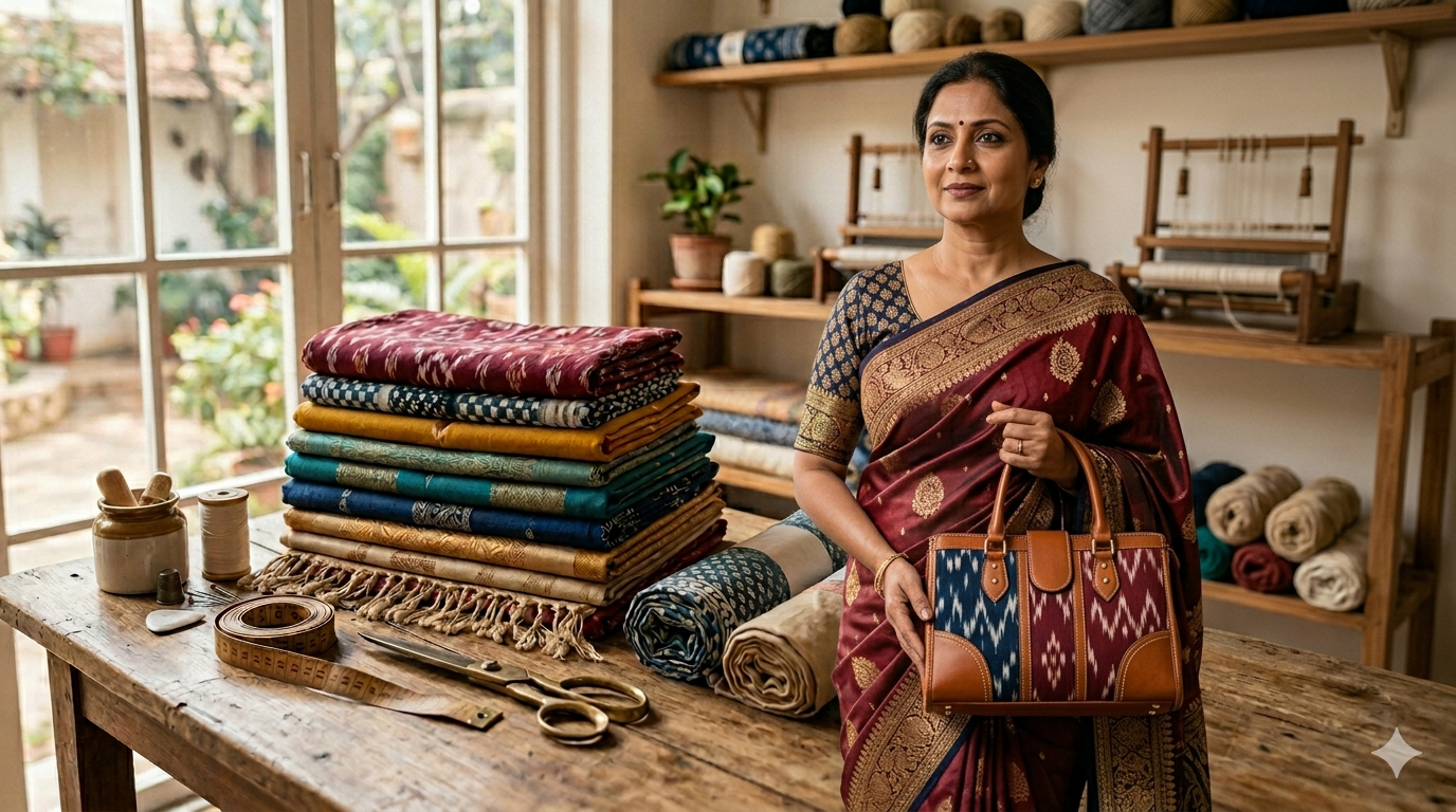 Sri Creations founder showcasing fabrics and handcrafted bags in the studio